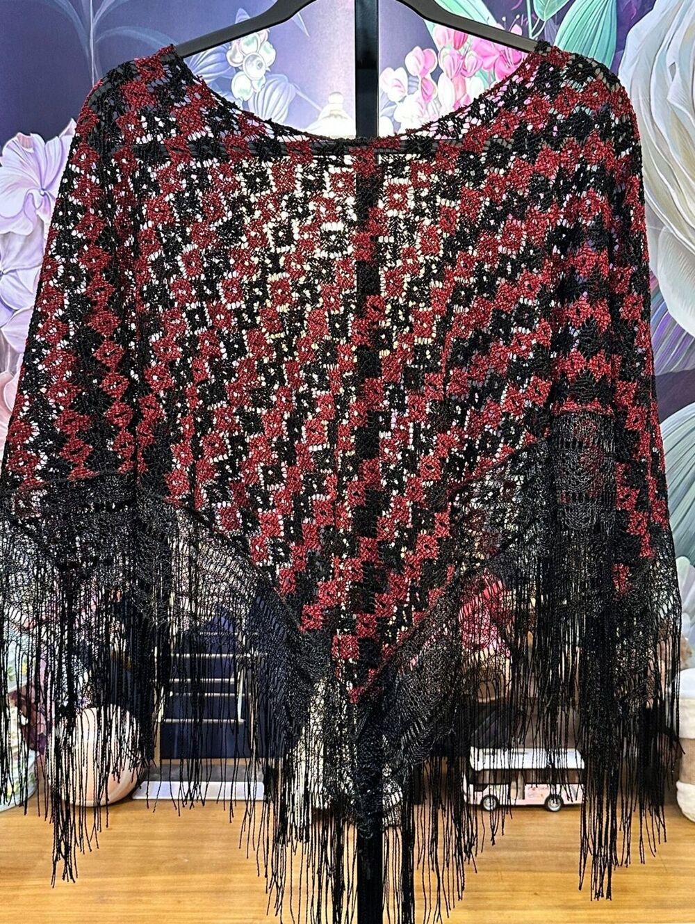XL Crochet Poncho Goth Dark Romantic Boho Festival Diamond Fringe Red Black